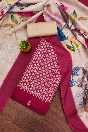 Women's magenta unstitched thread multi embroidery jalpari cotton dress material 