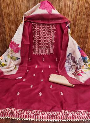 Women's magenta thread multi embroidery jalpari cotton dress material 3
