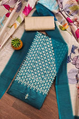 Women's teal unstitched heavy thread sequence embroidery jalpari cotton dress material 