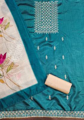 Women's teal heavy thread sequence embroidery jalpari cotton dress material 2