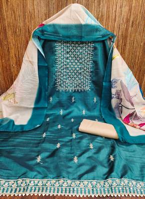 Women's teal heavy thread sequence embroidery jalpari cotton dress material 3