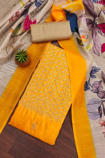 Women's yellow unstitched heavy thread sequence embroidery jalpari cotton dress material 
