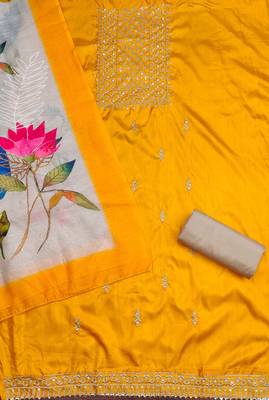 Women's yellow heavy thread sequence embroidery jalpari cotton dress material 2