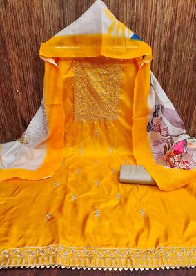 Women's yellow heavy thread sequence embroidery jalpari cotton dress material 3