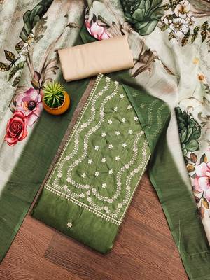 Women's green heavy thread sequence embroidery jalpari cotton dress material 1