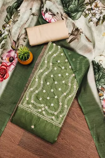 Women's green unstitched heavy thread sequence embroidery jalpari cotton dress material 