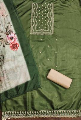 Women's green heavy thread sequence embroidery jalpari cotton dress material 2