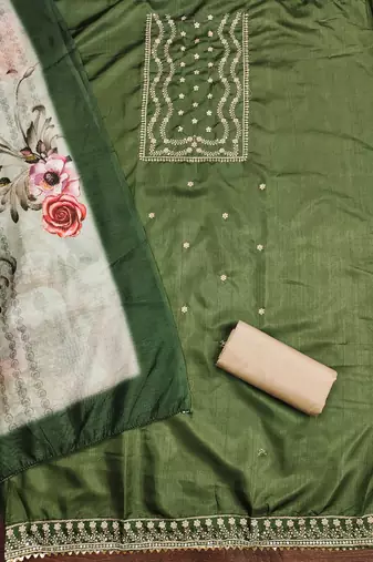 Women's green heavy thread sequence embroidery jalpari cotton dress material