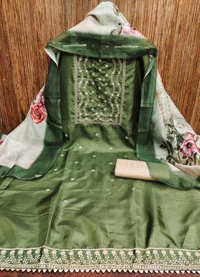 Women's green heavy thread sequence embroidery jalpari cotton dress material 3