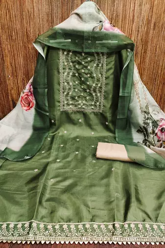 Women's green heavy thread sequence embroidery jalpari cotton dress material