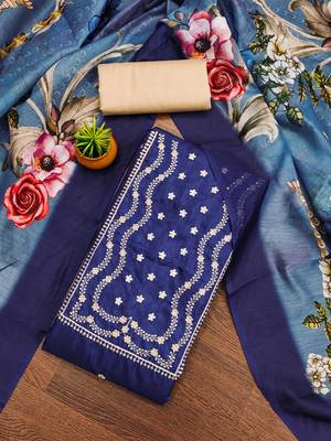 Women's navy heavy thread sequence embroidery jalpari cotton dress material 1