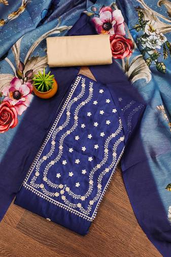 Women's navy unstitched heavy thread sequence embroidery jalpari cotton dress material 