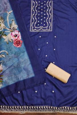 Women's navy heavy thread sequence embroidery jalpari cotton dress material 2