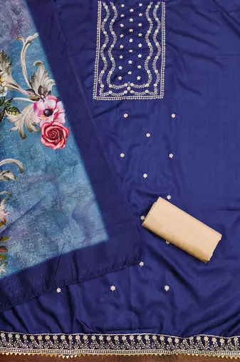 Women's navy heavy thread sequence embroidery jalpari cotton dress material