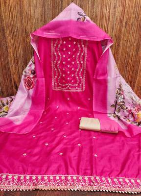 Women's pink heavy thread sequence embroidery jalpari cotton dress material 3