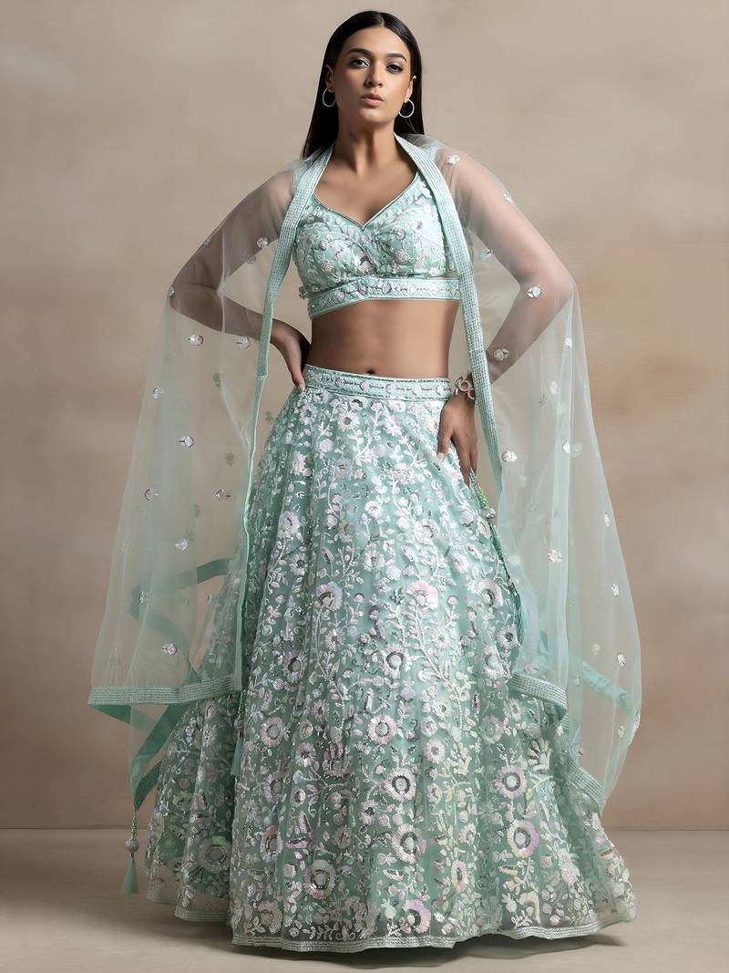 Sea Green Engagement Lehenga Choli with Sequin Embroidery