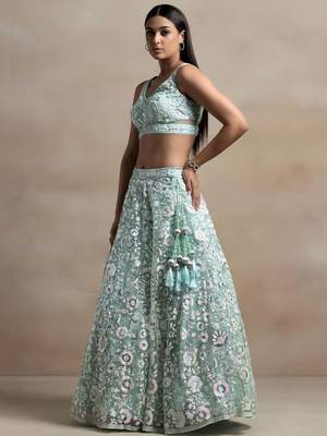 Sea Green Engagement Lehenga Choli with Sequin Embroidery 4