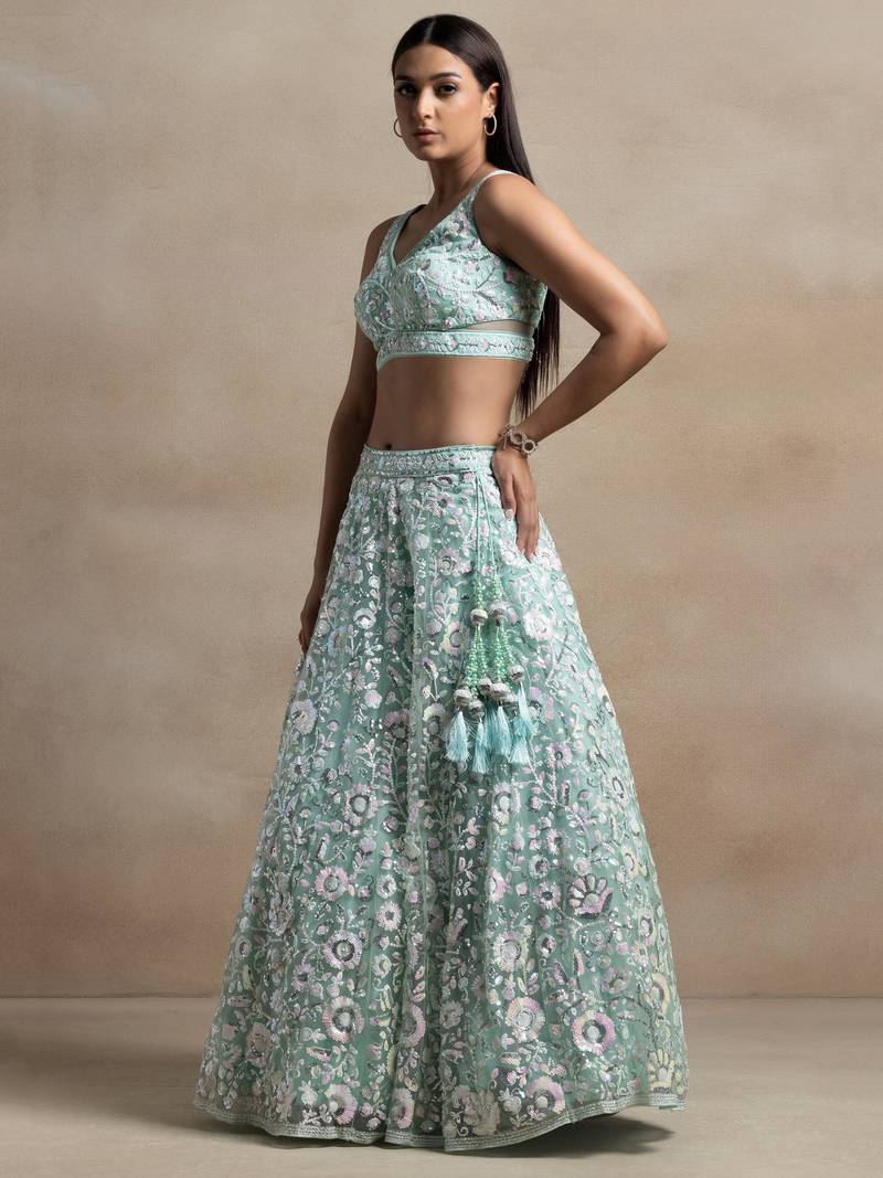 Sea Green Engagement Lehenga Choli with Sequin Embroidery