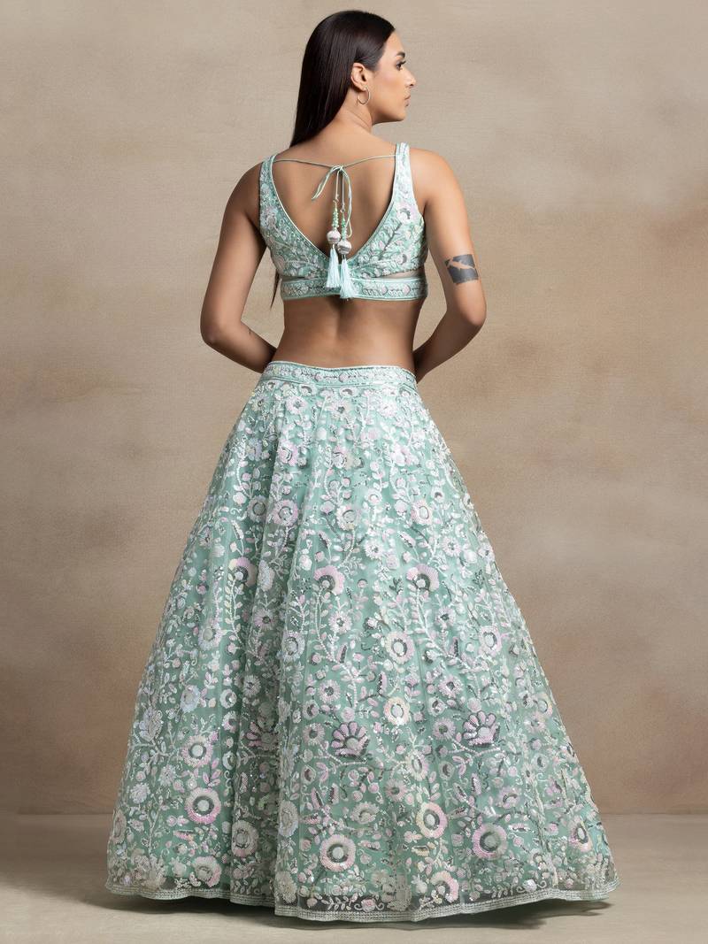 Sea Green Engagement Lehenga Choli with Sequin Embroidery