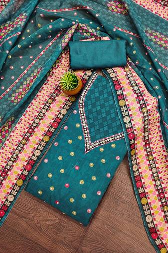 Women's teal unstitched stylish  embellishment work organza dress material 