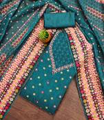 Women's teal unstitched stylish embellishment work organza dress material 