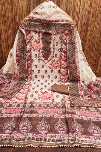 Women's brown stylish embellishment work organza dress material