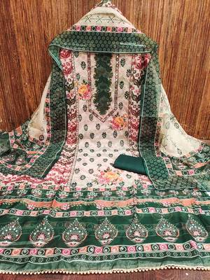 Women's green stylish embellishment work organza dress material 3