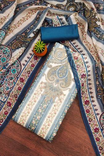 Women's blue unstitched stylish embellishment work organza dress material 