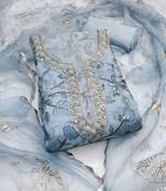 Women's sea green unstitched heavy thread sequence embroidery organja dress material 