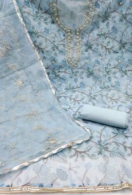 Women's sea green unstitched heavy thread sequence embroidery organja dress material  2