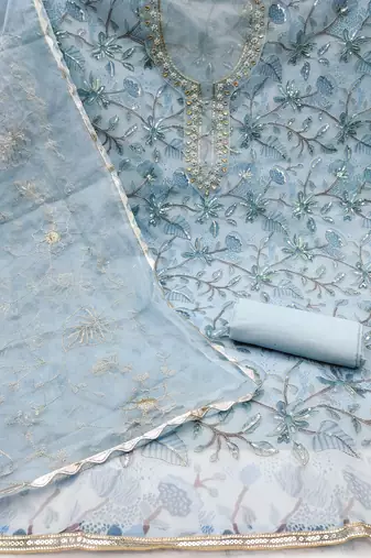 Women's sea green unstitched heavy thread sequence embroidery organja dress material 