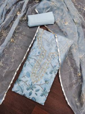 Women's sea green unstitched heavy thread sequence embroidery organja dress material  5