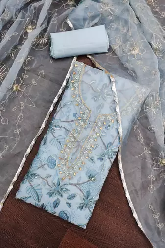 Women's sea green unstitched heavy thread sequence embroidery organja dress material 