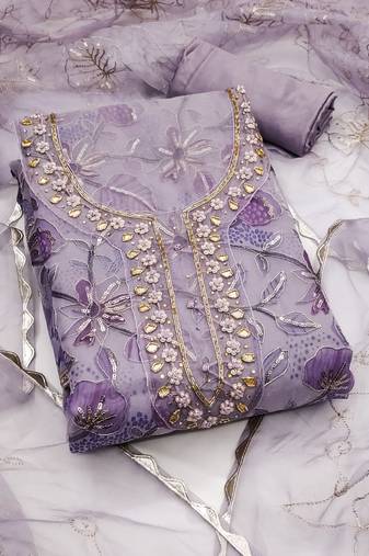 Women's levender unstitched heavy thread sequence embroidery organja dress material 