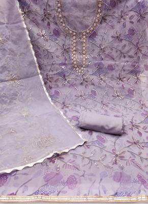 Women's levender heavy thread sequence embroidery organja dress material 2