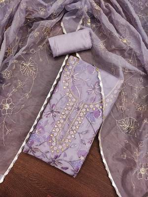 Women's levender heavy thread sequence embroidery organja dress material 5