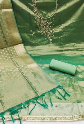 Women's green heavy handwork pure viscose dress material 2
