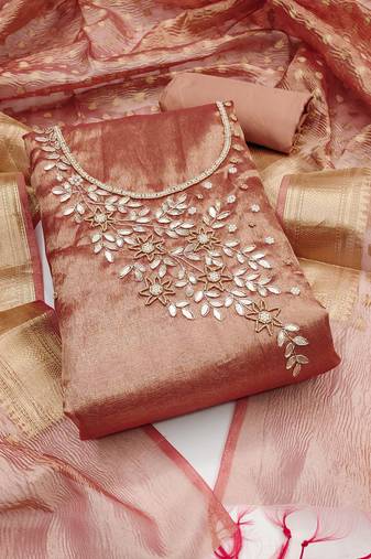 Women's peach unstitched heavy handwork pure viscose dress material 