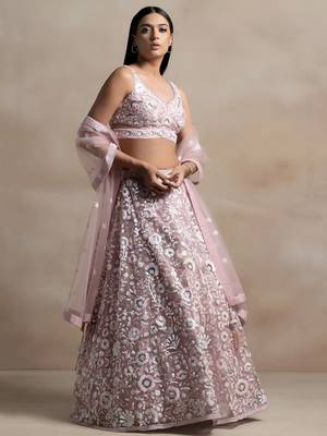 pink sequins embroidered soft net lehenga set choli with dupatta with dupatta 2
