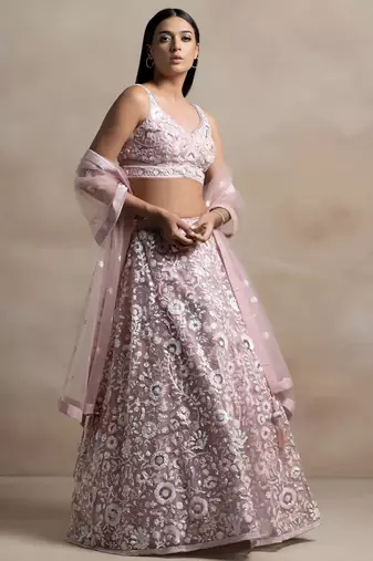 pink sequins embroidered soft net lehenga set choli with dupatta with dupatta