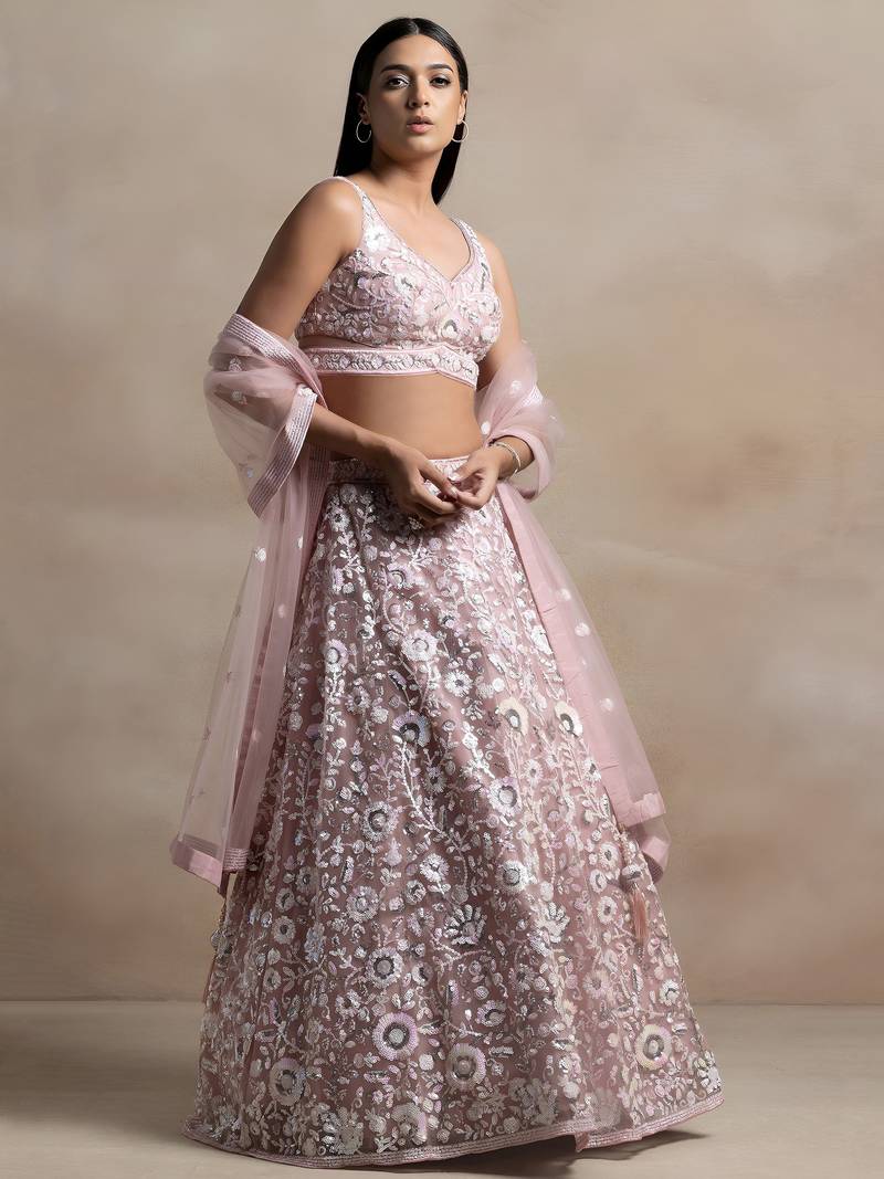 pink sequins embroidered soft net lehenga set choli with dupatta with dupatta