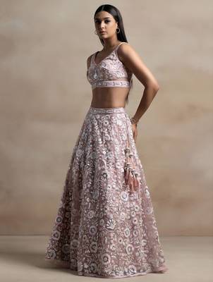 pink sequins embroidered soft net lehenga set choli with dupatta with dupatta 3