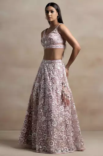 pink sequins embroidered soft net lehenga set choli with dupatta with dupatta