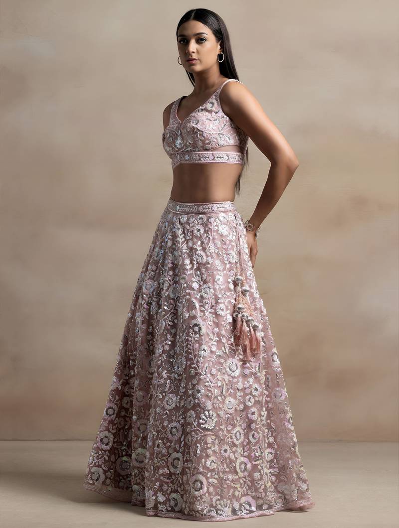 pink sequins embroidered soft net lehenga set choli with dupatta with dupatta