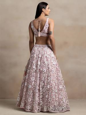 pink sequins embroidered soft net lehenga set choli with dupatta with dupatta 4