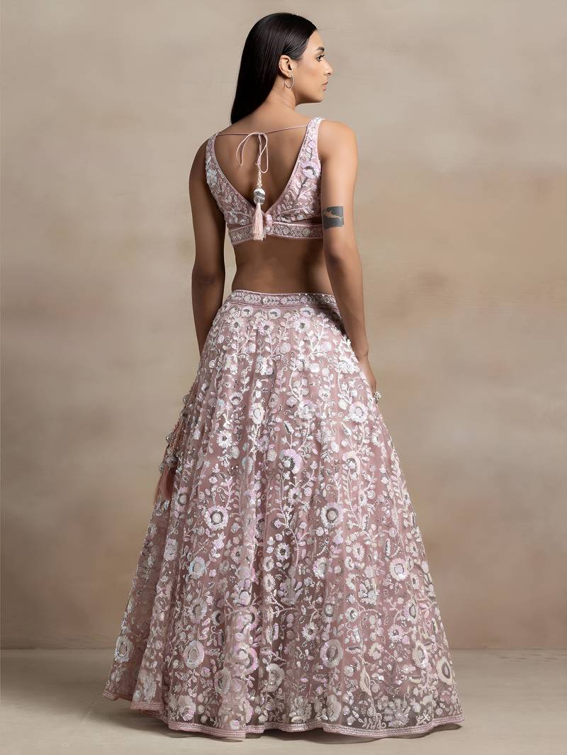 pink sequins embroidered soft net lehenga set choli with dupatta with dupatta