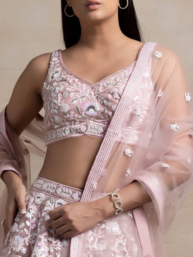 pink sequins embroidered soft net lehenga set choli with dupatta with dupatta