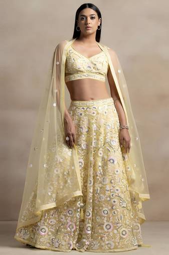 yellow net sequin embroidered lehenga
