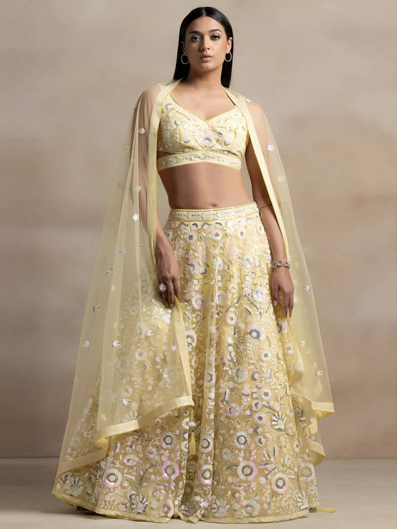 yellow net sequin embroidered lehenga