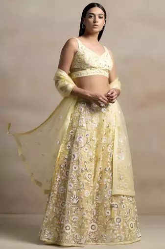 yellow net sequin embroidered lehenga